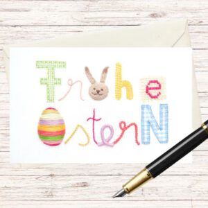 Postkarte mit gesticktem Schriftzug "Frohe Ostern"
